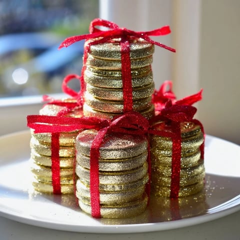 Gold coin stacks gleaming, festive no-bake chocolate treats ready for the holidays.