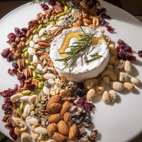 A visually stunning The Labyrinth appetizer with a soft cheese center, surrounded by varied nuts and seeds.