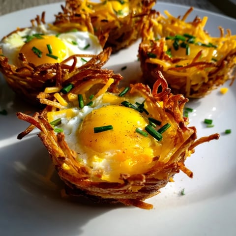 Golden brown Crispy Hashbrown Egg Nests, perfect breakfast potato cups, loaded with cheese and fluffy eggs.