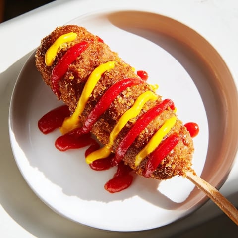 Golden-fried Korean-Inspired Corn Dogs with a crispy exterior and a savory, delicious inside, perfect for sharing.