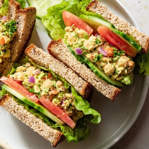 A close-up of a vibrant Easy Chickpea Salad Sandwich, overflowing with fresh vegetables.