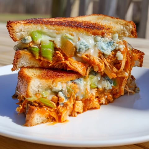 Golden, melty Buffalo Chicken Grilled Cheese, overflowing with spicy chicken and creamy cheese.