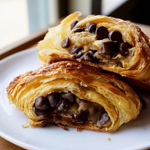 Golden-brown Viral Crookies, showing flaky croissant pastry hugging a chocolate chip cookie center.