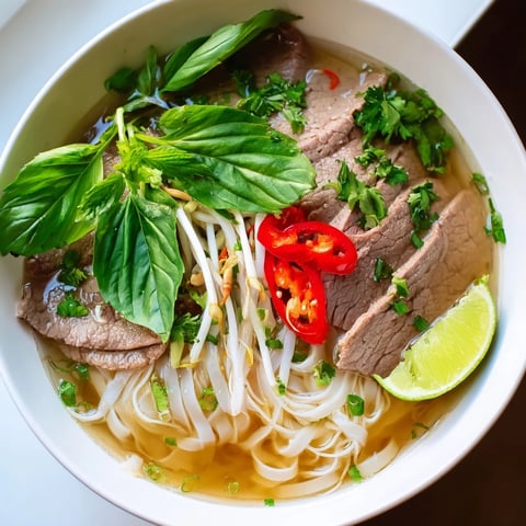 Steaming bowl of Vietnamese Pho Express with herbs and tender meat, ready to enjoy.