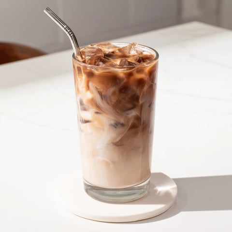 Chilled Milo Ice Latte served in a tall glass over ice cubes, with a straw and a creamy chocolate swirl.  