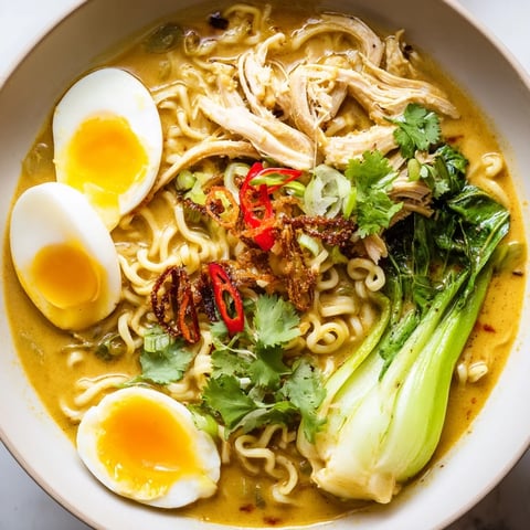 A steaming Thai Miso Ramen Bowl topped with soft-boiled eggs, shredded chicken, bok choy, and crispy shallots for a fusion flavor experience.