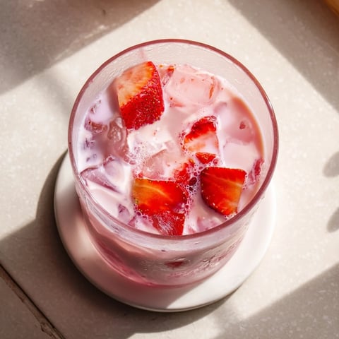 Two tall glasses of Copycat Pink Drink filled with ice, sliced fresh strawberries, and a creamy pink beverage made with strawberry syrup and coconut milk.