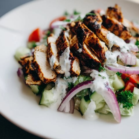 Grilled, spiced chicken slices rest atop a vibrant salad of cucumbers, tomatoes, and fresh parsley, drizzled with creamy yogurt dressing in this Chicken Shawarma Salad image.