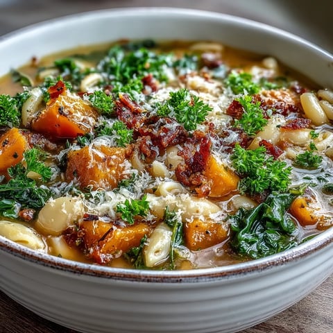 Steamy bowl of Fall Minestrone garnished with pancetta, Parmesan, and fresh parsley. Hearty Italian-American soup perfect for chilly autumn evenings. 