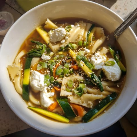 Hearty Sweet Soy Udon Lasagne Soup brimming with vegetables and rich flavors.  