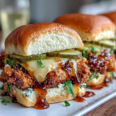 Golden baked chicken tenders glazed with hot honey butter, layered with pickles and melty cheddar inside soft slider buns.
