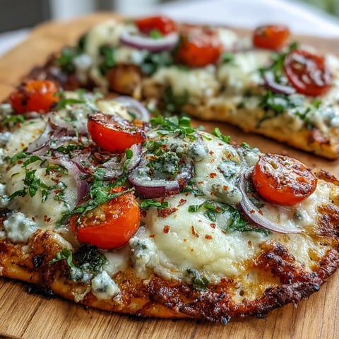Golden-brown Crispy Garlic Parmesan Naan Pizza fresh from the oven, topped with melted mozzarella, halved cherry tomatoes, and fresh spinach leaves.