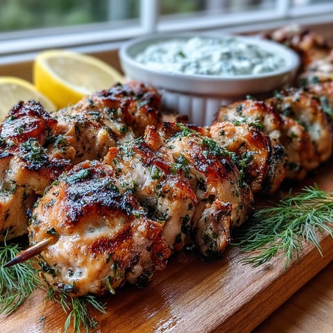 Sizzling Light Lemon Herb Chicken Skewers with Tzatziki fresh off the grill, char marks visible, served with creamy white dip and lemon wedges.
