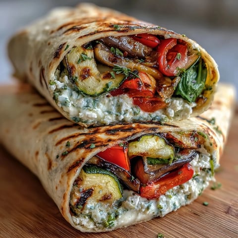 Mediterranean grilled vegetable wraps filled with hummus, feta, and fresh spinach for a healthy vegetarian meal.