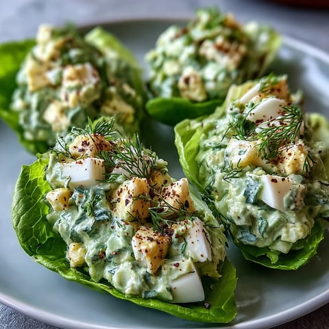 Creamy avocado and egg salad served in crisp lettuce boats, topped with crunchy everything bagel seasoning for a satisfying keto lunch.  