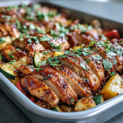 Vibrant one-pan mango chili chicken and veggie bake with juicy chicken, colorful peppers, and sweet mango chunks, roasted to perfection.