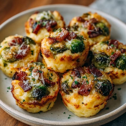 Crispy pancetta and roasted Brussels sprouts top these creamy Cheesy Polenta Bites recipe.