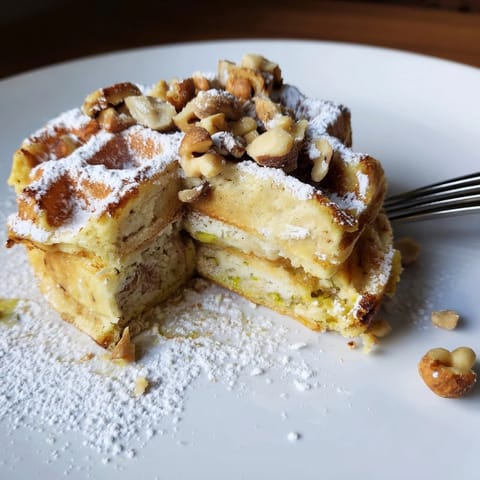 Crisp, airy Ricotta Lemon Hazelnut Waffles, baking in a hot, greased waffle iron.