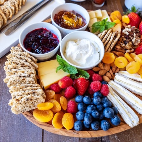 Stylish brunch board featuring vibrant jams, artisan breads, and fresh berries for sharing.  