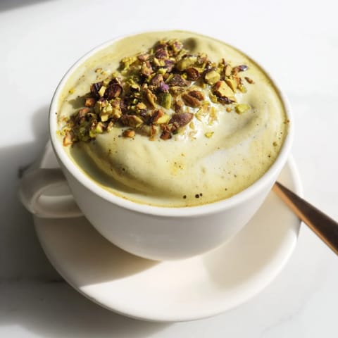 Homemade pistachio milk latte served steaming hot with a hint of vanilla.  