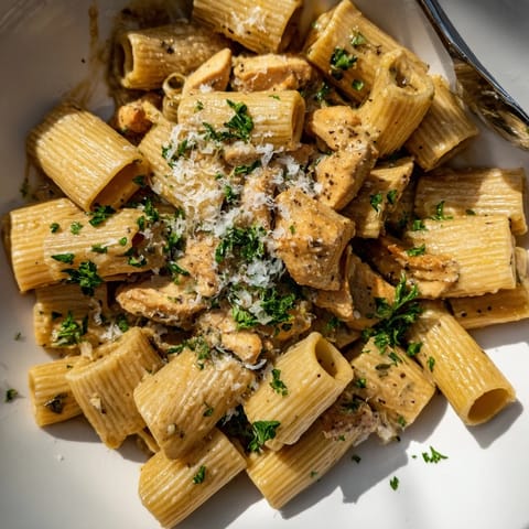Delicious Creamy Garlic Parmesan Chicken Rigatoni in a rich, velvety sauce, perfect for dinner.  