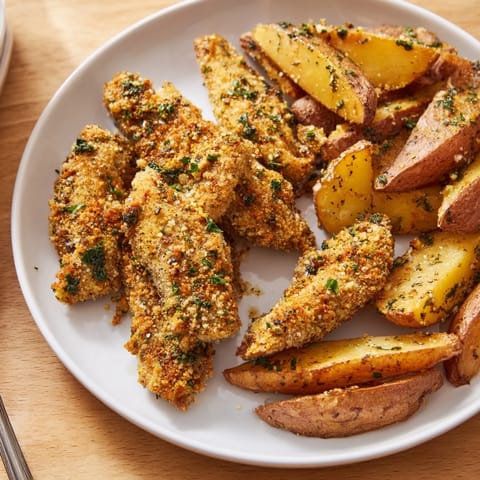 Juicy herbed chicken tenders paired with crunchy potato wedges, perfect for family dinners.  