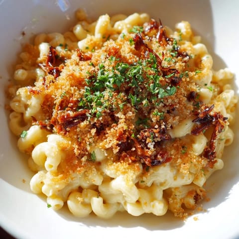 Creamy mac and cheese layered with smoky pulled pork, topped with crispy panko, delicious BBQ flavor.