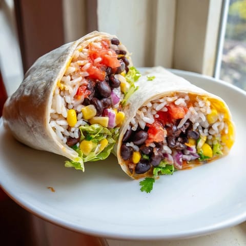 A close-up of a delicious Rice & Bean Burrito, filled with healthy rice and flavorful toppings.