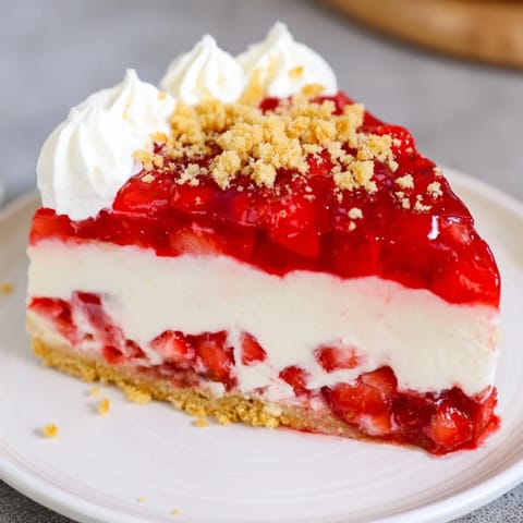 Close-up of a layered strawberry shortcake cheesecake showcasing its rich texture and delicious flavors.