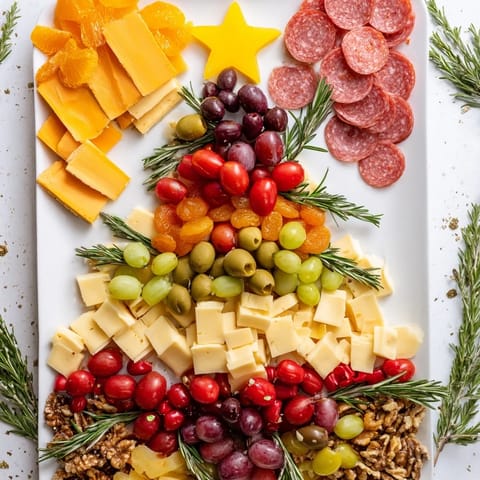 Vibrant Christmas Tree Charcuterie Dream: A holiday centerpiece with fresh rosemary and a golden cheese star.