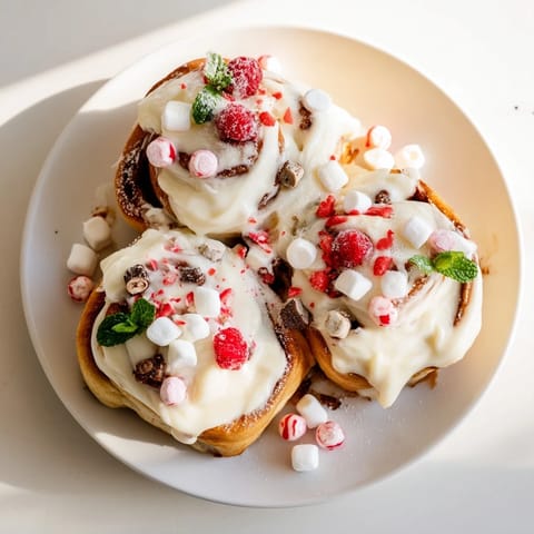 A delightful North Pole Cinnamon Roll Board, showcasing fluffy rolls, berries, and mint for a festive brunch.