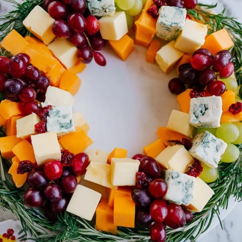 Vibrant Holiday Wreath Cheese Ring featuring creamy brie, sharp cheddar, and delicious grapes for a centerpiece.