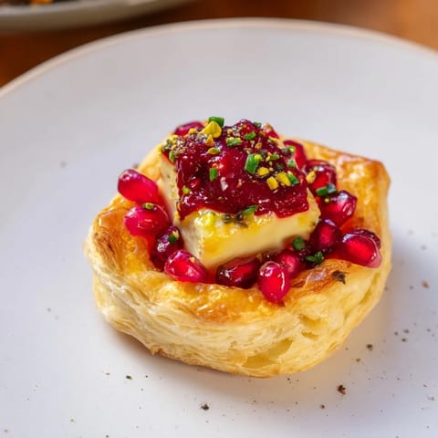 Warm, bubbly Fireworks Brie Tartlets, a festive appetizer loaded with fruity flavors and creamy Brie.