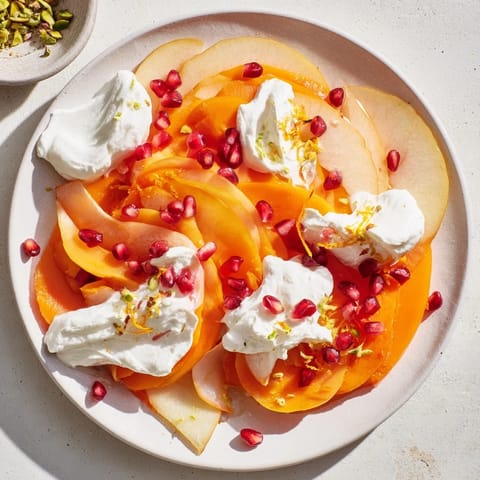 This winter fruit snowscape dessert shows persimmon and pear slices topped with fluffy, snow-like cream.