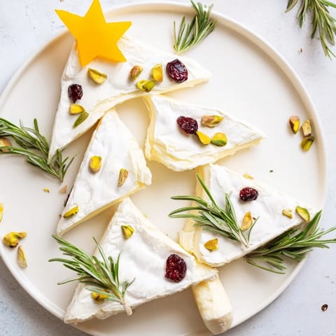 Appetizing Simple Brie Triangle Cheese Tree presentation, featuring creamy brie, serving crackers and festive garnishes.