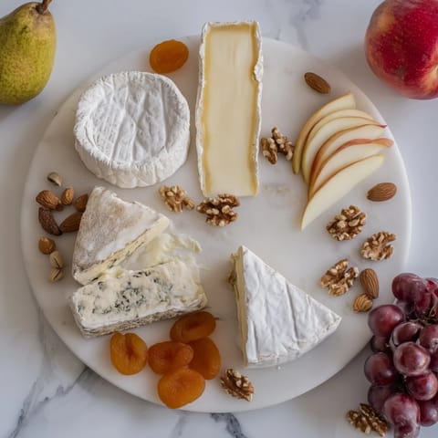 Delectable cheese platter, featuring Brie, grapes, and crackers, beautifully arranged for a classic French experience.