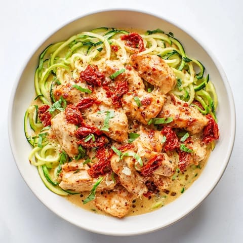 Sizzling pan of flavorful Marry Me Chicken Zoodles; tender chicken and sauce over vibrant, tender zucchini.