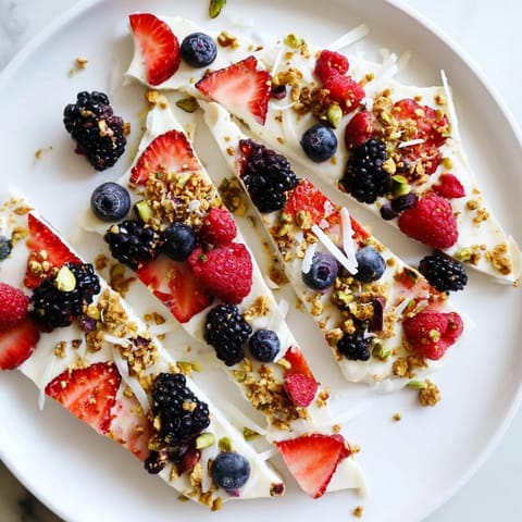 Close-up of Berry Yogurt Bark with beautiful arrangement of fresh berries and crunchy toppings.