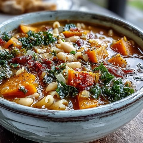 Hearty Winter Minestrone Soup with butternut squash and kale simmering in a tomato broth with beans and pasta.