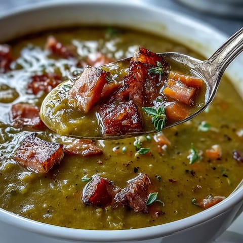 Steaming bowl of Split Pea and Ham Soup garnished with fresh thyme, ready to serve with crusty bread.