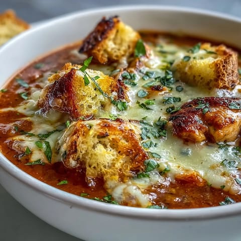 A bowl of hearty Grilled Chicken Parmesan Soup garnished with fresh basil and melted cheese.