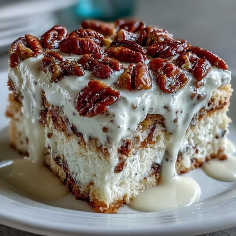 Freshly toasted pecans glisten in a buttery brown sugar glaze over the creamy Butter Pecan Tres Leches Cake.