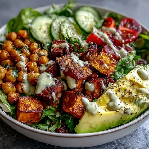 Vibrant mixed greens and golden roasted sweet potatoes in this Breakfast Buddha Bowl, topped with creamy avocado slices and a drizzle of tahini dressing.