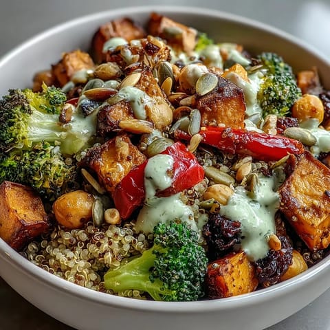 Freshly prepared Meal Prep Week-Long Power Bowl with quinoa, roasted sweet potatoes, and creamy tahini dressing.