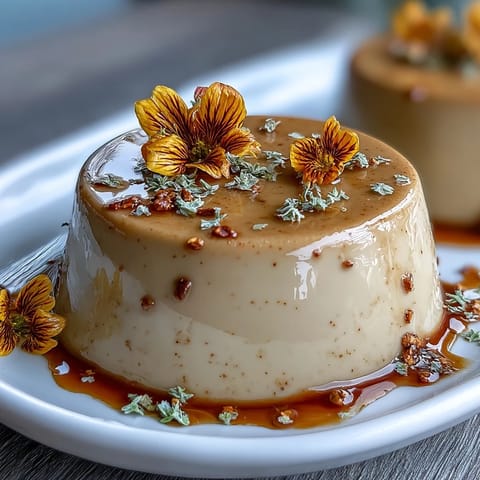 Silky Hojicha Panna Cotta served in a glass ramekin, topped with whipped cream and shaved chocolate.