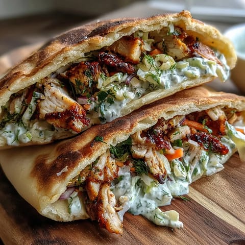 Freshly prepared Creamy Herby Ranch Slaw is piled high inside a soft pita with juicy chicken.