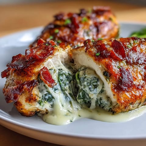 Thick chicken breasts sliced open to reveal a creamy filling of spinach, melted mozzarella, and crispy bacon crumbles.