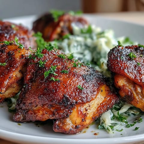 Crispy Keto Crispy Chicken Thighs rest beside a vibrant lemon butter cabbage slaw for a fresh, tangy contrast.