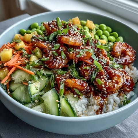 Fresh shrimp poke bowl with juicy mango, edamame, and avocado, drizzled with savory sesame-ginger sauce for a healthy Hawaiian-inspired meal.