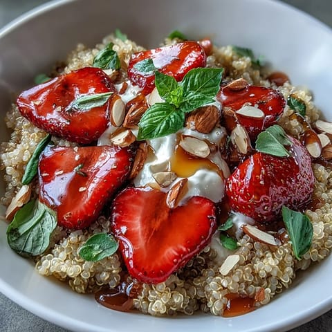 Fluffy quinoa topped with juicy strawberries, aromatic basil, and creamy plant-based yogurt, garnished with almonds and chia seeds for added texture.  